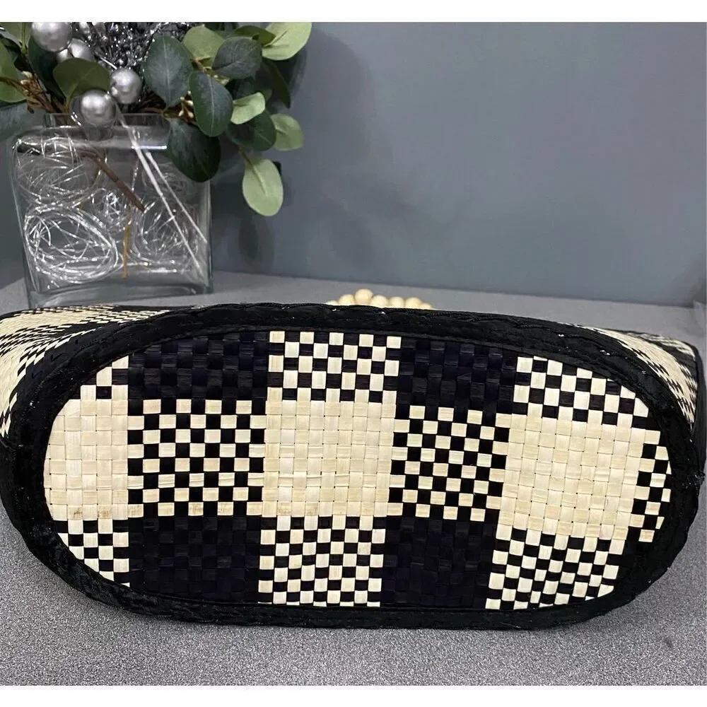 Checkered Beach Shop Tote Purse Bag with Beaded Handles Cream Black Checkered #1